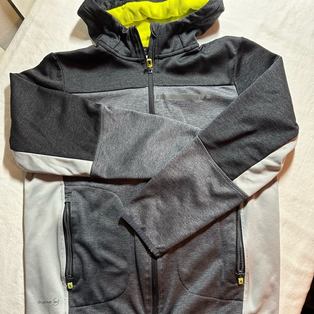 Light Gray and Dark Gray Hooded Jacket with Yellow Accents
